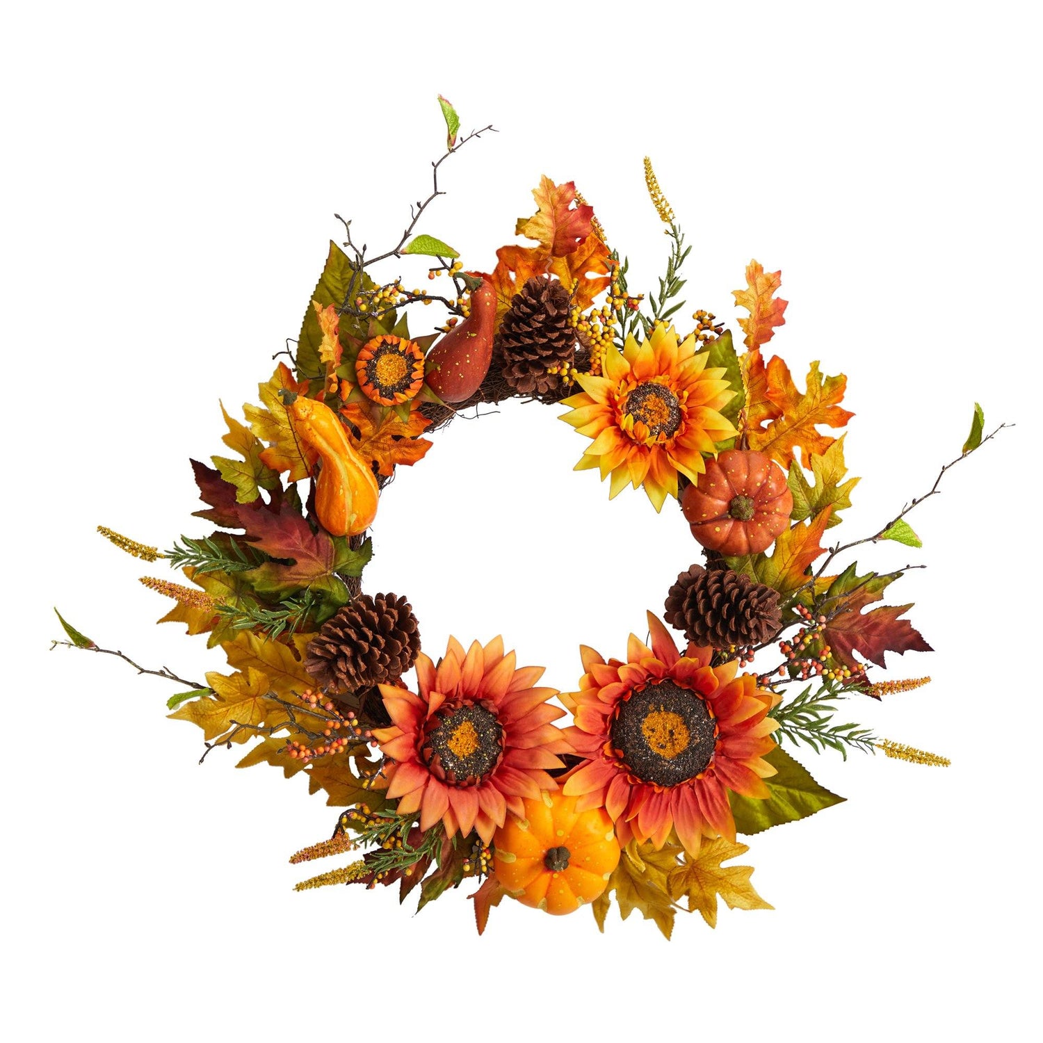 24” Fall Sunflower, Pumpkin, Gourds, Pinecone and Berries Autumn Artificial Wreath
