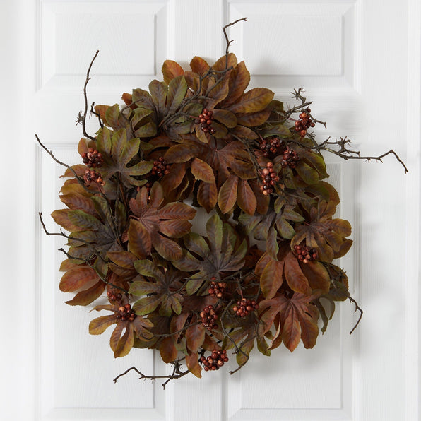 24” Fatsia with Berries Autumn Artificial Wreath