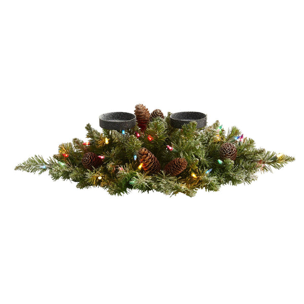 24” Flocked Artificial Christmas Double Candelabrum with 35 Multicolored Lights and Pine Cones