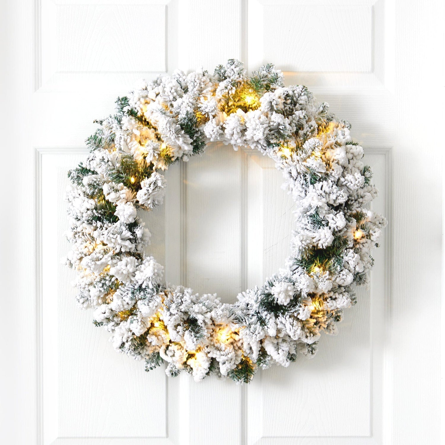 24” Flocked Artificial Christmas Wreath with 160 Bendable Branches and 35 Warm White LED Lights