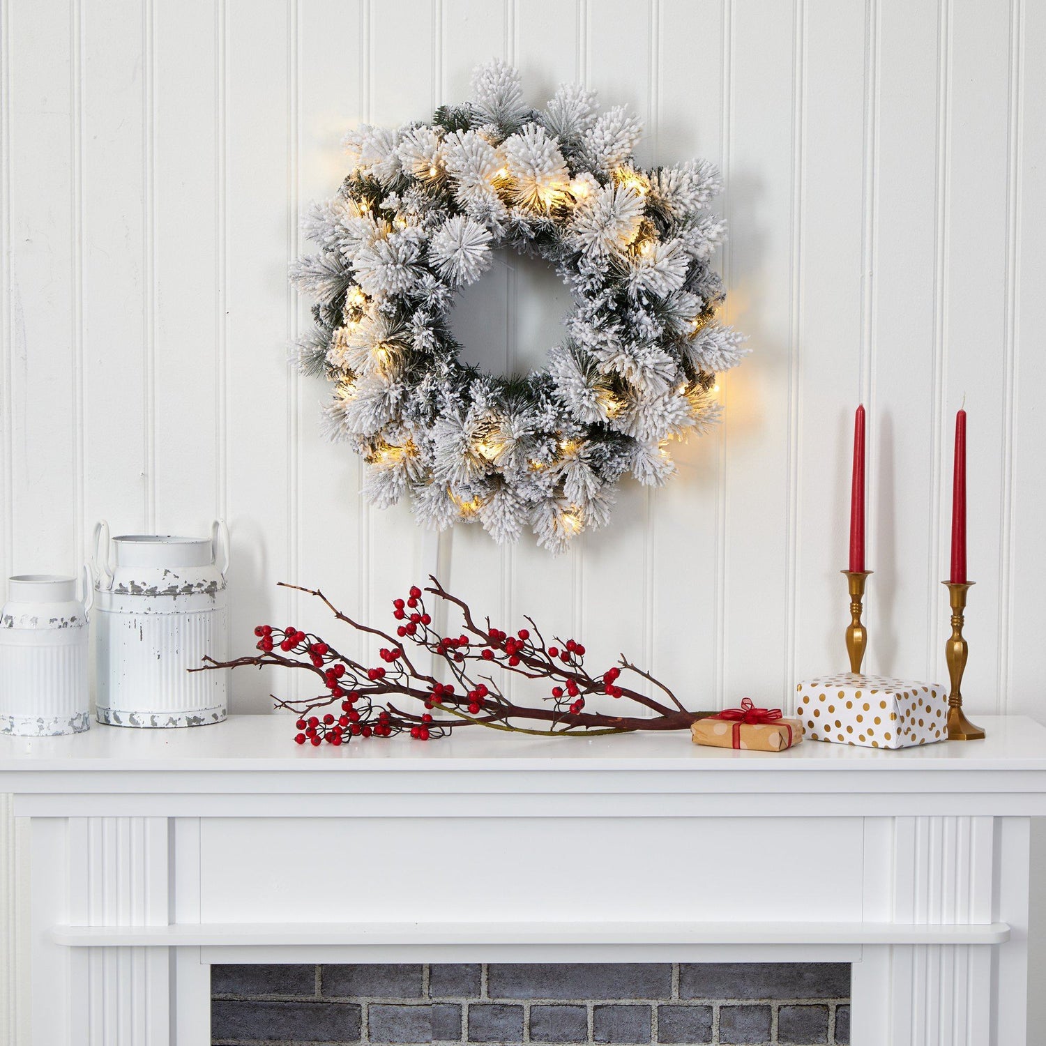24” Flocked Artificial Christmas Wreath with 30 Warm White LED Lights and 135 Bendable Branches