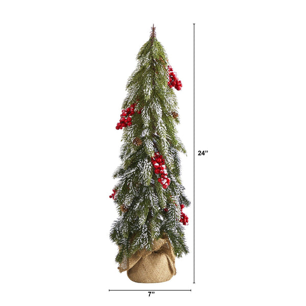 24” Flocked Artificial Christmas Tree with Berries and Pine Cones