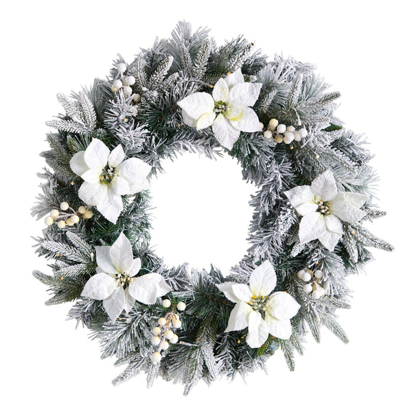 24” Flocked Poinsettia and Pine Artificial Christmas Wreath with 50 Warm White LED Lights