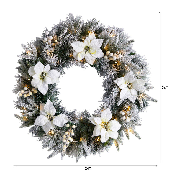 24” Artificial Flocked Poinsettia and Pine Christmas Wreath with 50 Warm White LED Lights