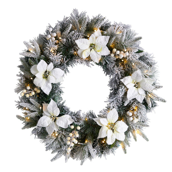 24” Artificial Flocked Poinsettia and Pine Christmas Wreath with 50 Warm White LED Lights