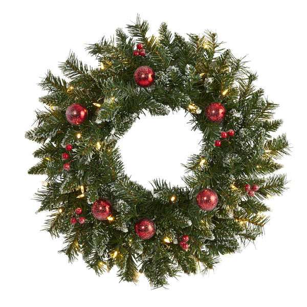 24” Frosted Artificial Christmas Wreath with 50 Warm White LED Lights, Ornaments and Berries