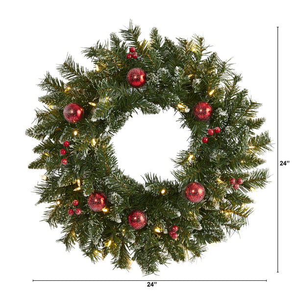 24” Frosted Artificial Christmas Wreath with 50 Warm White LED Lights, Ornaments and Berries