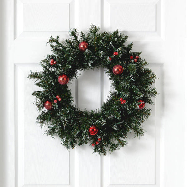 24” Frosted Artificial Christmas Wreath with 50 Warm White LED Lights, Ornaments and Berries