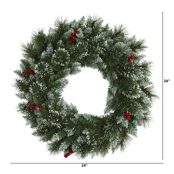 24” Frosted Swiss Pine Artificial Wreath with 35 Clear LED Lights and Berries