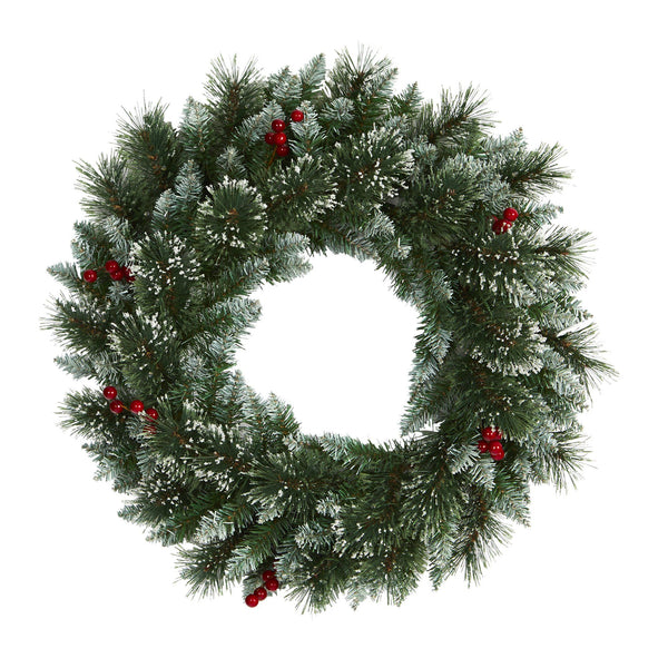 24” Frosted Swiss Pine Artificial Wreath with 35 Clear LED Lights and Berries