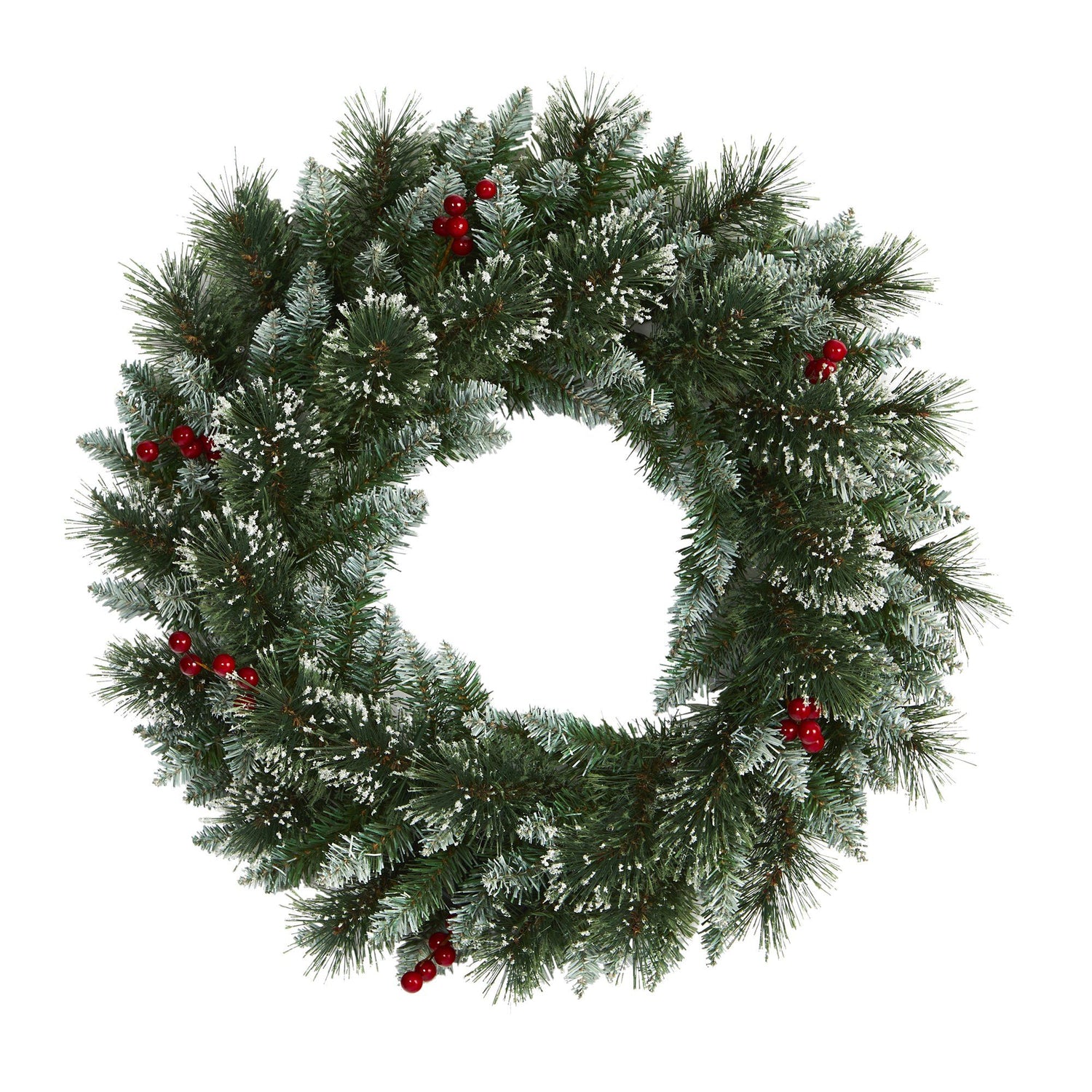 24” Frosted Swiss Pine Artificial Wreath with 35 Clear LED Lights and Berries