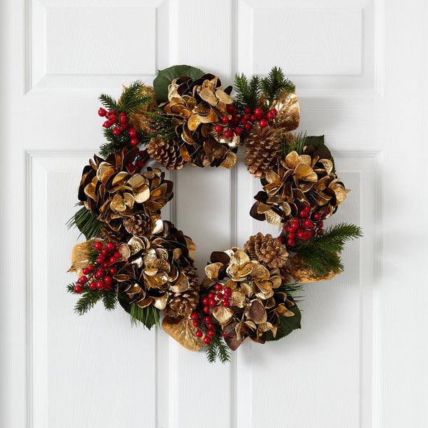 24” Golden Hydrangea with Berries and Pine Artificial Wreath