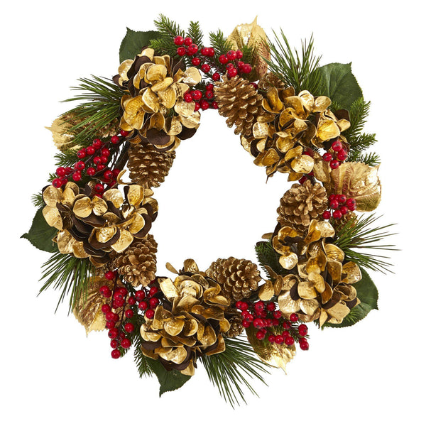 24” Golden Hydrangea with Berries and Pine Artificial Wreath