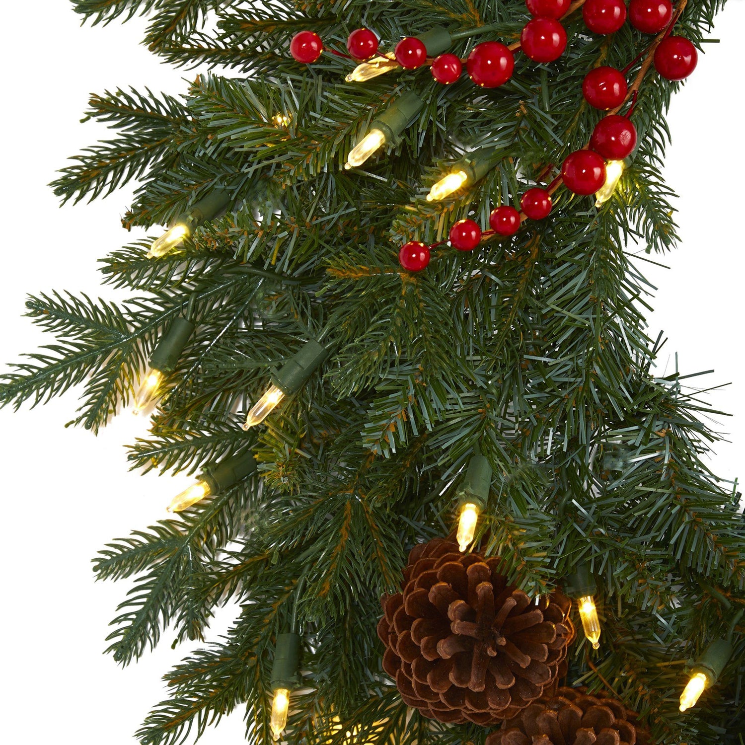 24” Green Pine Artificial Christmas Wreath with 50 Warm White LED Lights, Berries and Pine Cones