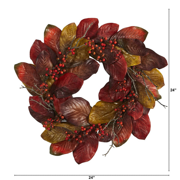 24” Harvest Magnolia Leaf and Berries Artificial Wreath