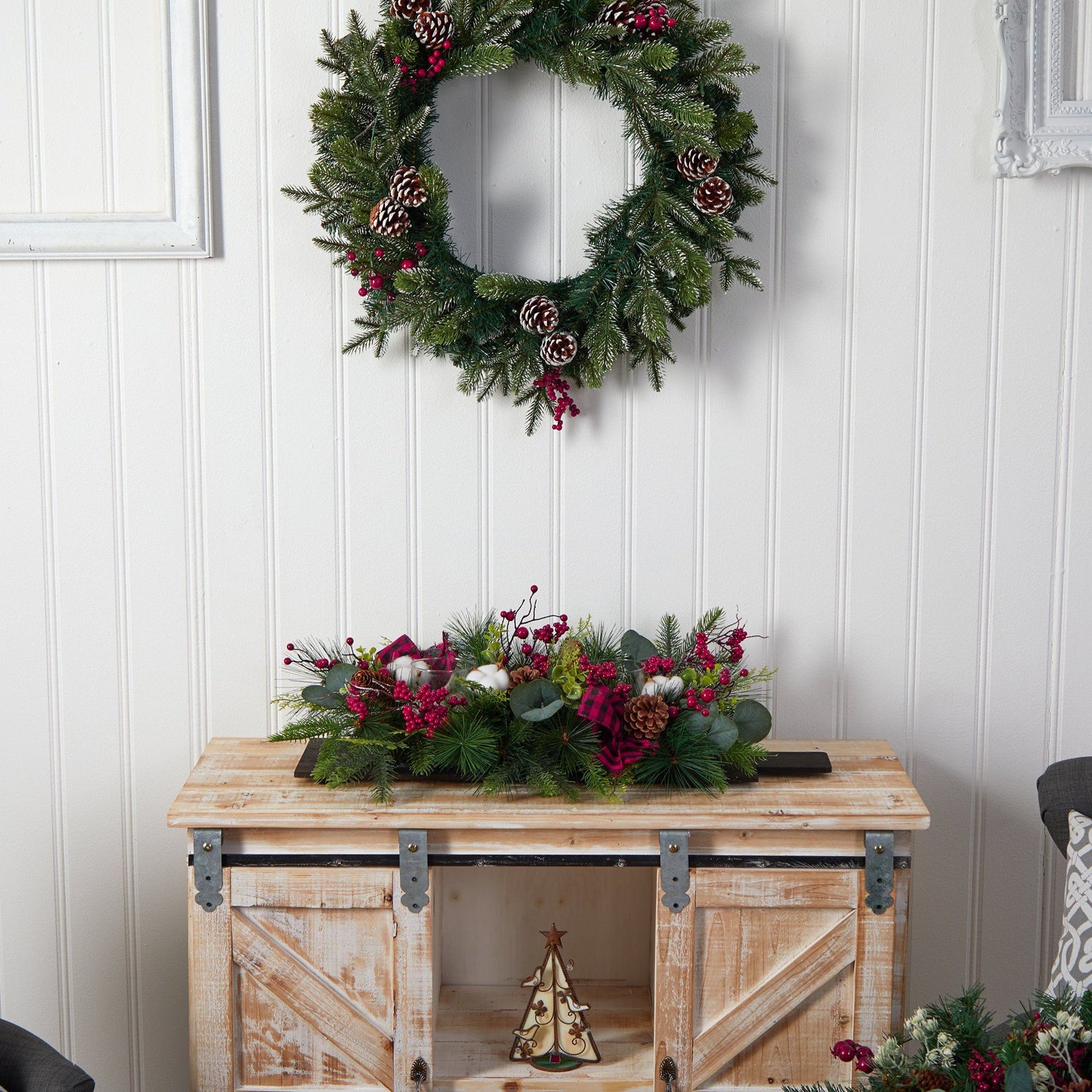 24” Holiday Berries, Pinecones and Eucalyptus Cutting Board Wall Décor or Table Arrangement