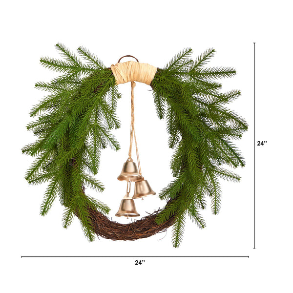 24” Holiday Christmas Pine and Bells Wreath