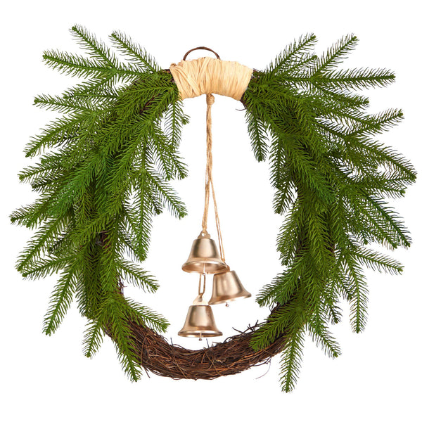 24” Holiday Christmas Pine and Bells Wreath