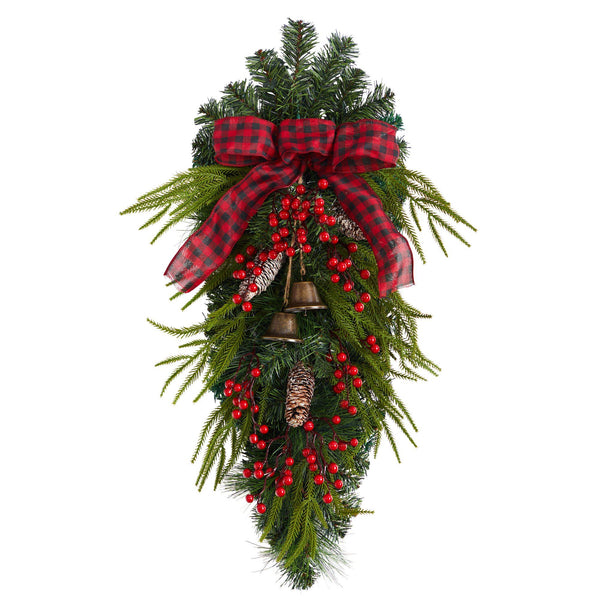 24” Holiday Christmas Pine Cones, Berry and Bells Wreath