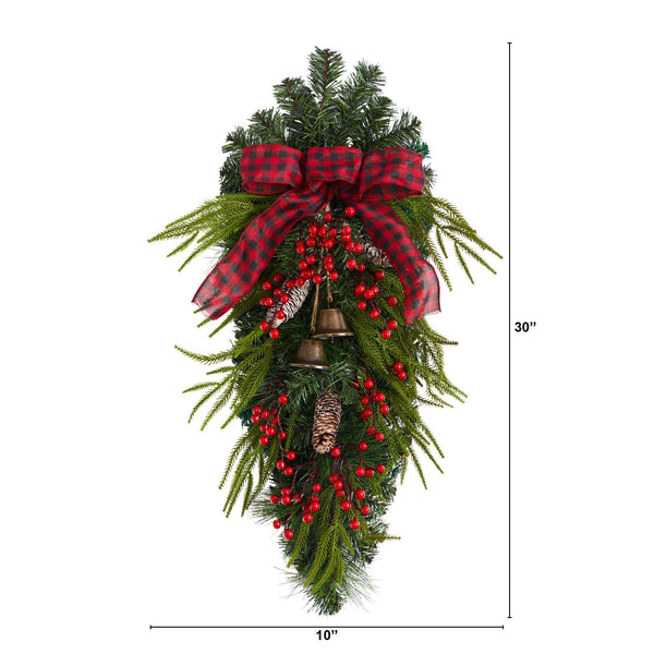 24” Holiday Christmas Pine Cones, Berry and Bells Wreath