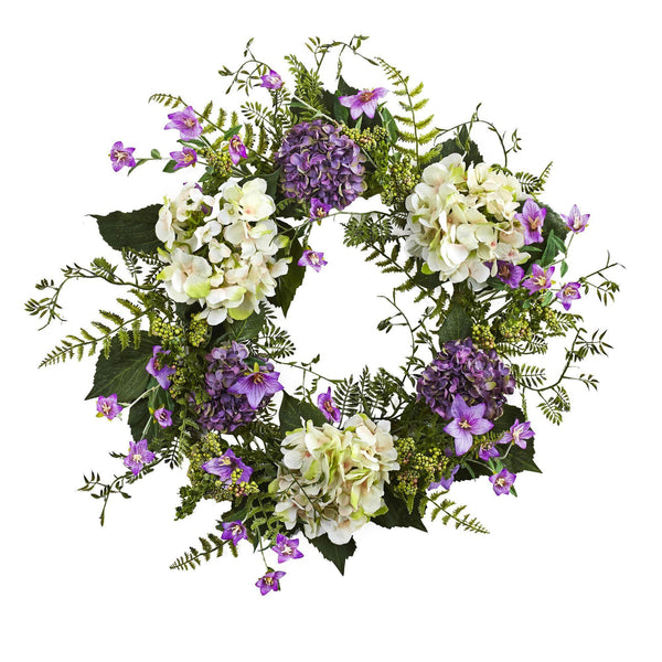 24” Artificial Hydrangea & Berry Wreath Lively Greens and Purple