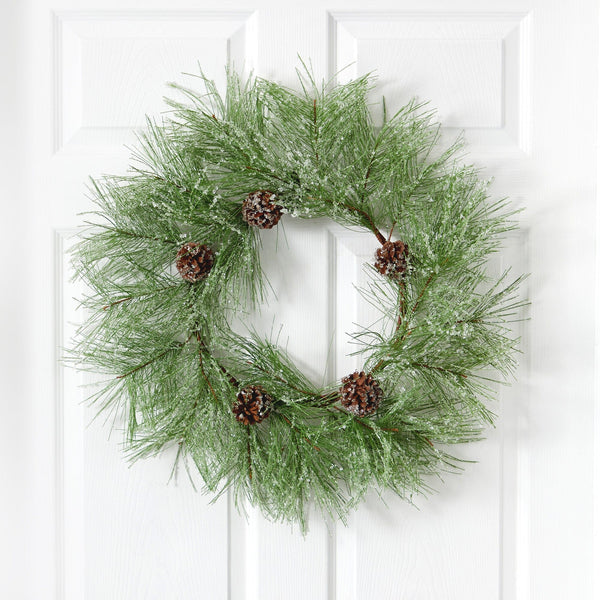 24” Iced Pine Artificial Wreath with Pine Cones