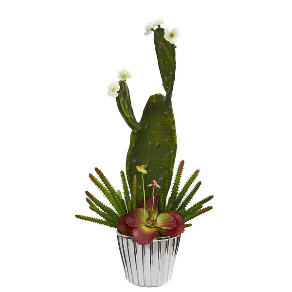 24” Mixed Cactus and Succulent Artificial Plant in White Planter with Silver Trimming
