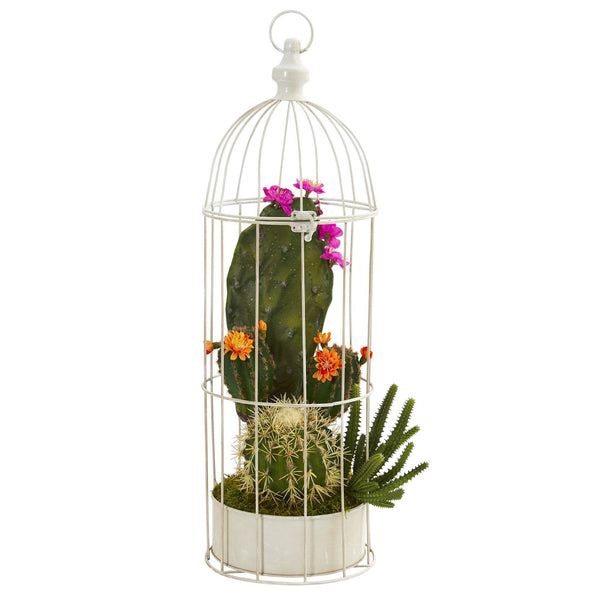 24” Mixed Cactus Succulent Artificial Plant in Decorative Cage