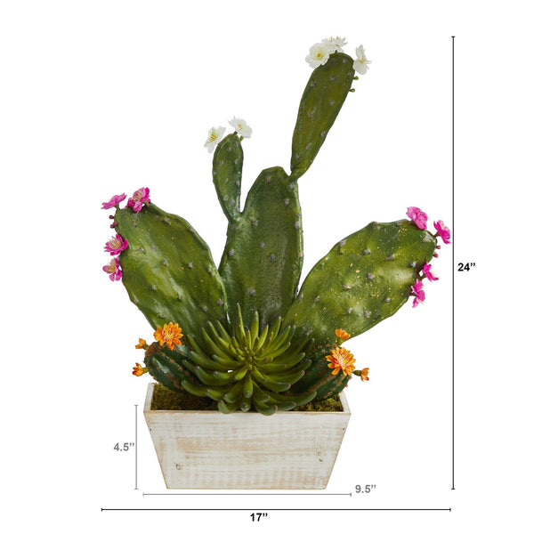 24” Mixed Cactus Succulent Artificial Plant in White Wash Planter