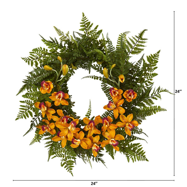 24” Mixed Fern and Cymbidium Orchid Artificial Wreath - Multiple Colors