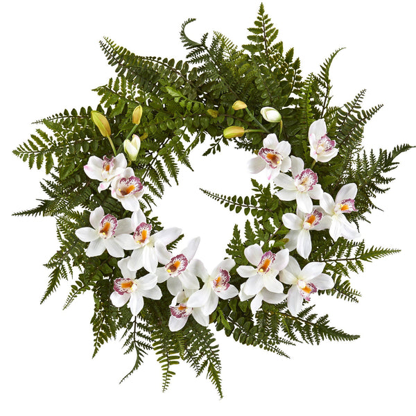 24” Mixed Fern and Cymbidium Orchid Artificial Wreath - Multiple Colors