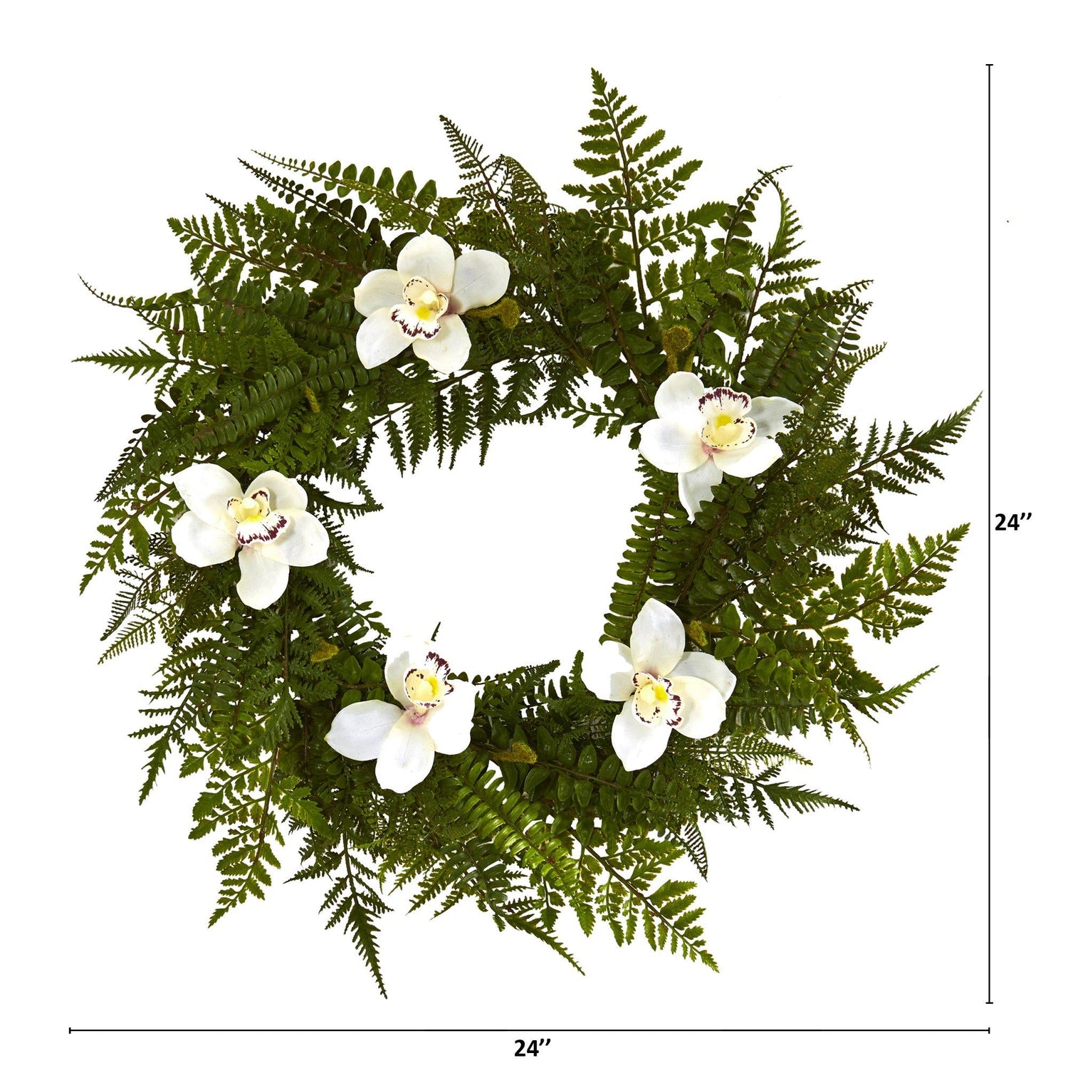 24” Cymbidium Orchid and Mixed Fern Artificial Wreath