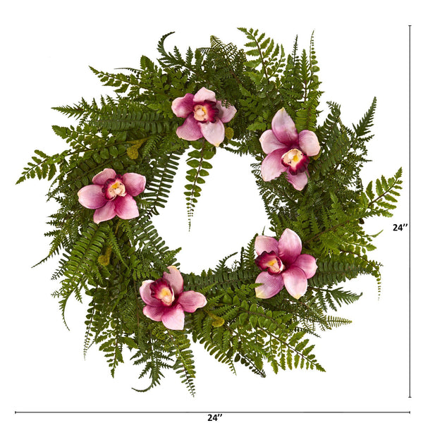 24” Cymbidium Orchid and Mixed Fern Artificial Wreath