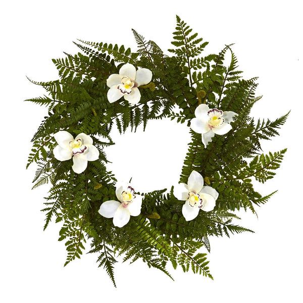 24” Cymbidium Orchid and Mixed Fern Artificial Wreath