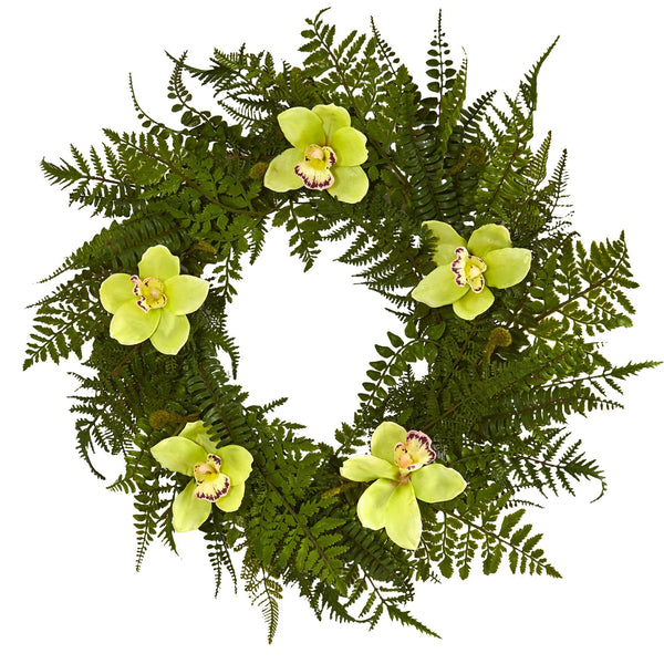 24” Cymbidium Orchid and Mixed Fern Artificial Wreath