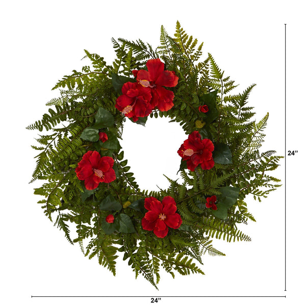 24” Mixed Fern and Hibiscus Artificial Wreath