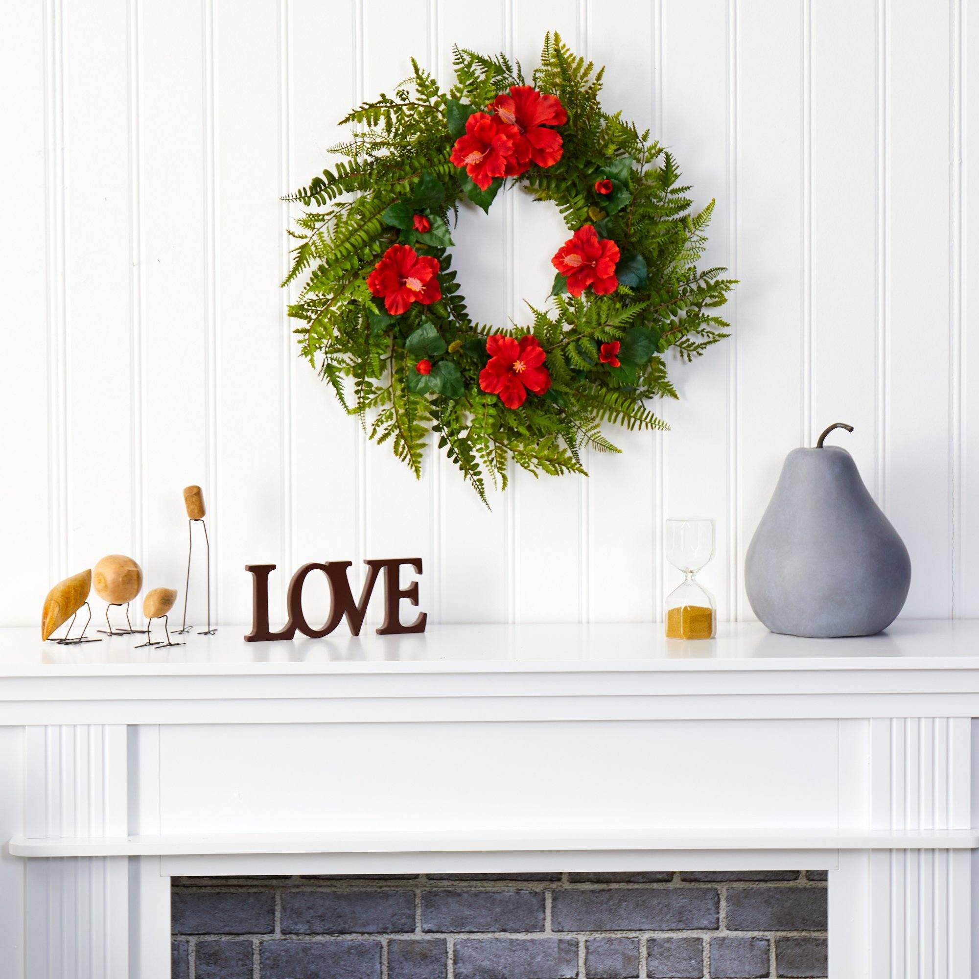 24” Mixed Fern and Hibiscus Artificial Wreath | Nearly Natural