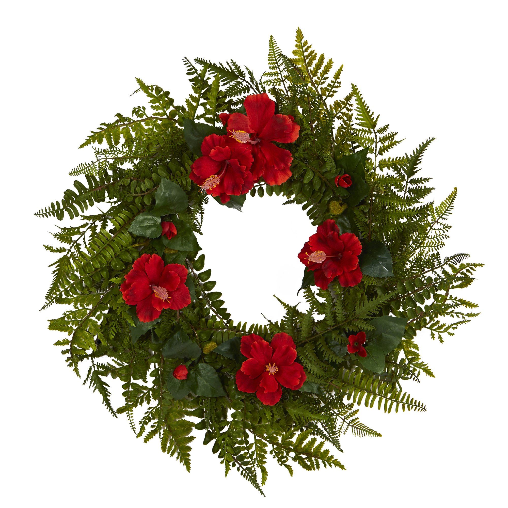 24” Mixed Fern and Hibiscus Artificial Wreath | Nearly Natural