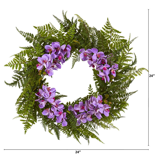 24” Mixed Fern and Phalaenopsis Orchid Artificial Wreath