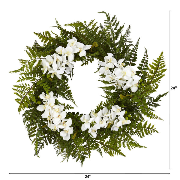 24” Mixed Fern and Phalaenopsis Orchid Artificial Wreath