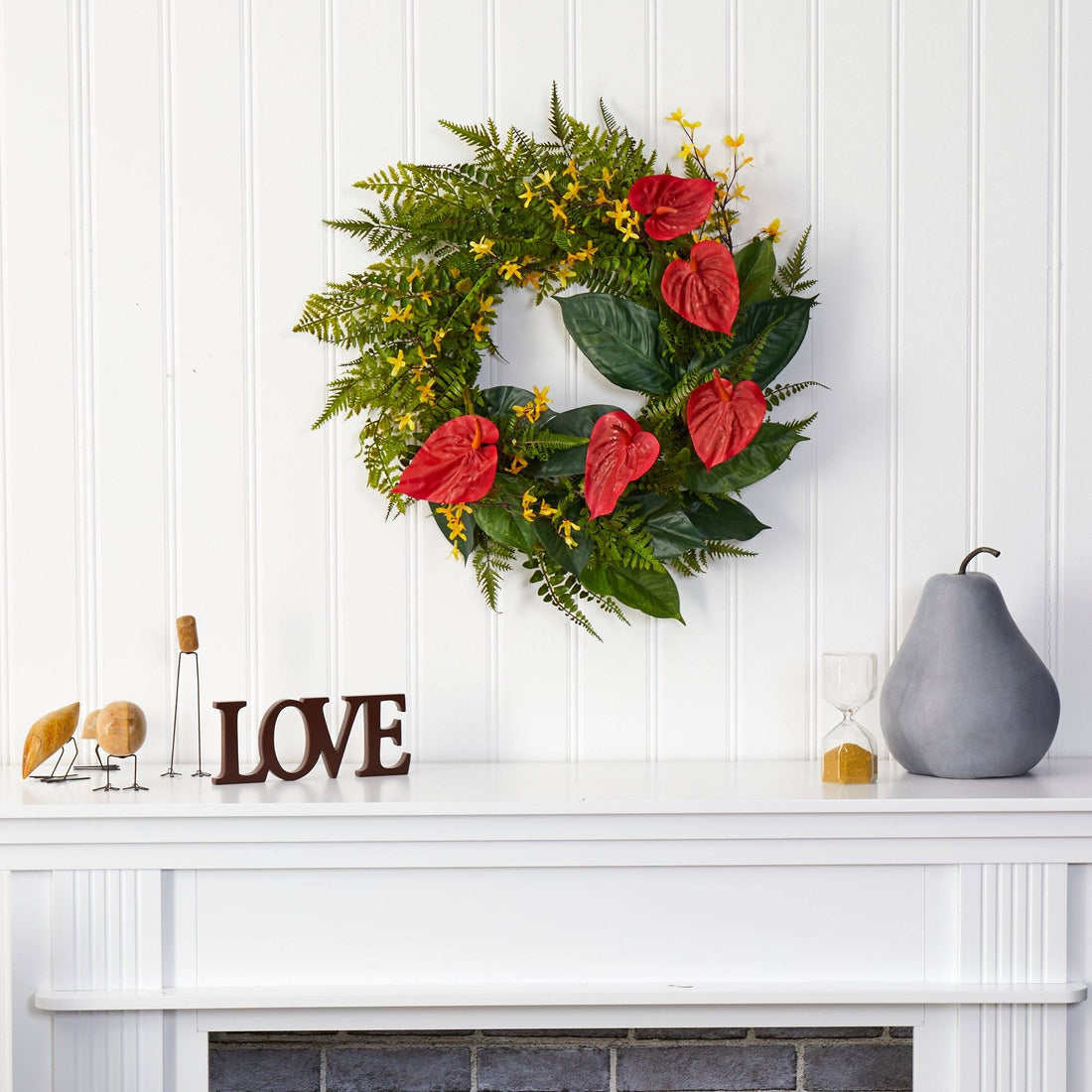 anthurium christmas 24” Mixed Fern, Anthurium and Forsythia Artificial Wreath