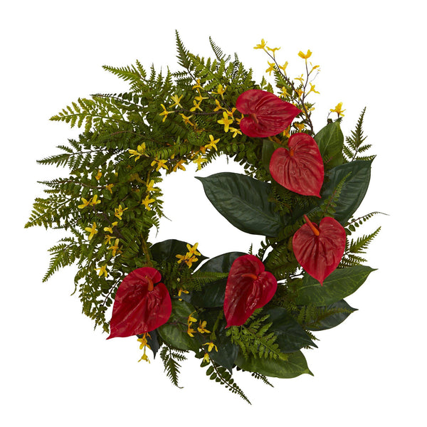 24” Mixed Fern, Anthurium and Forsythia Artificial Wreath