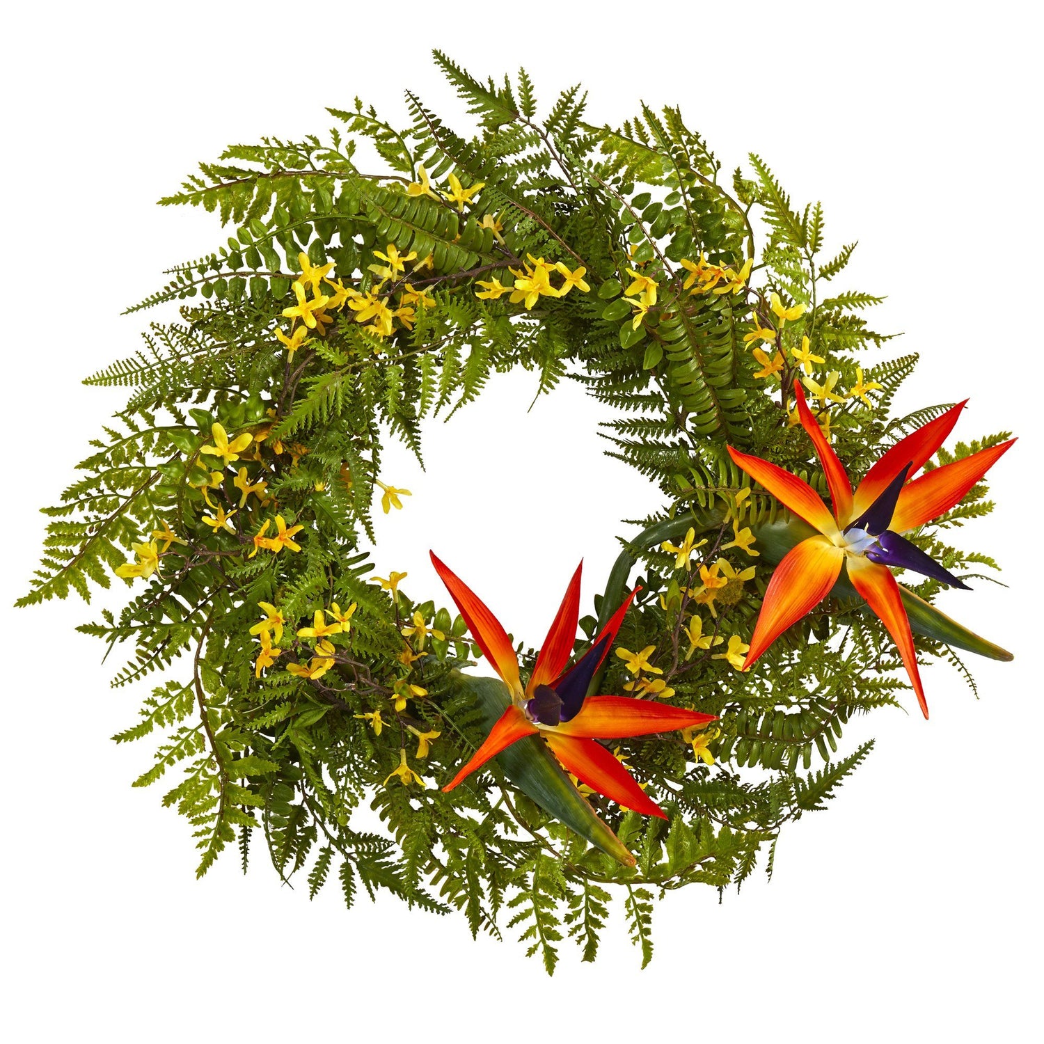 24” Mixed Fern, Forsythia and Bird of Paradise Artificial Wreath