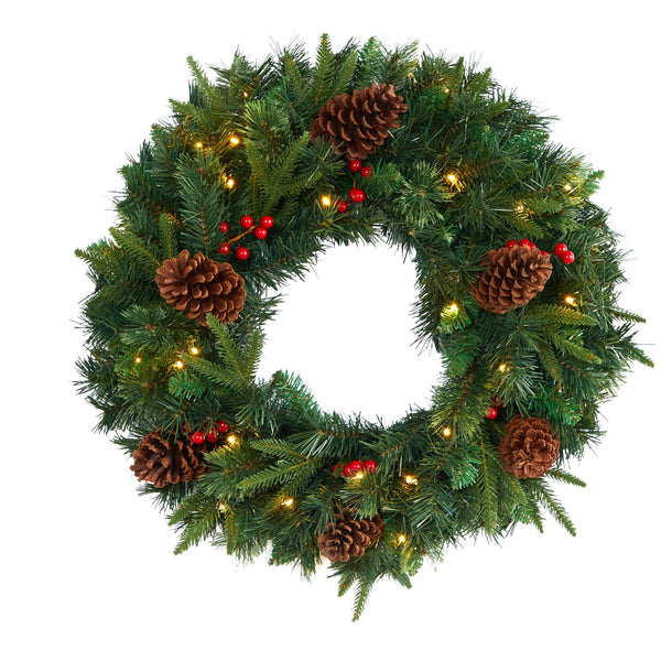 24” Mixed Pine Artificial Christmas Wreath with 35 Clear LED Lights and Berries