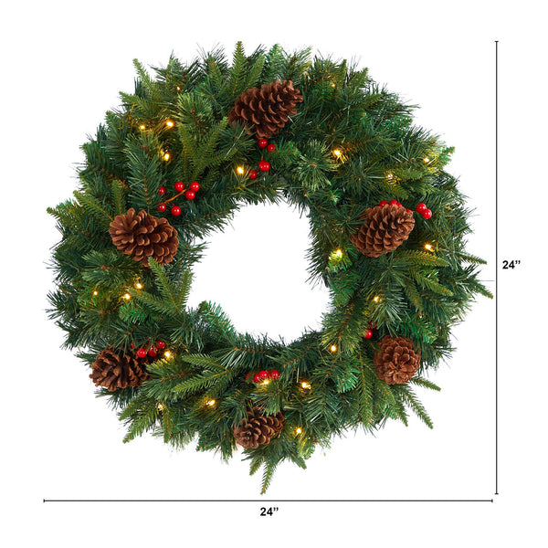 24” Mixed Pine Artificial Christmas Wreath with 35 Clear LED Lights and Berries