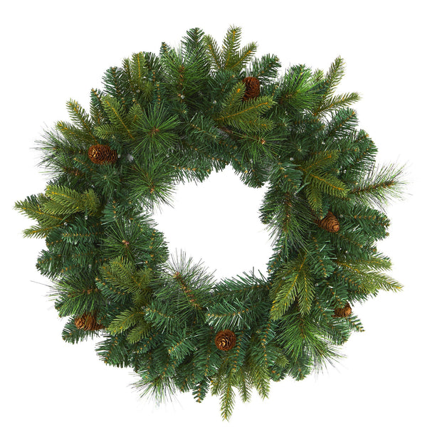 24” Mixed Pine Artificial Christmas Wreath with 35 Clear LED Lights and Pinecones