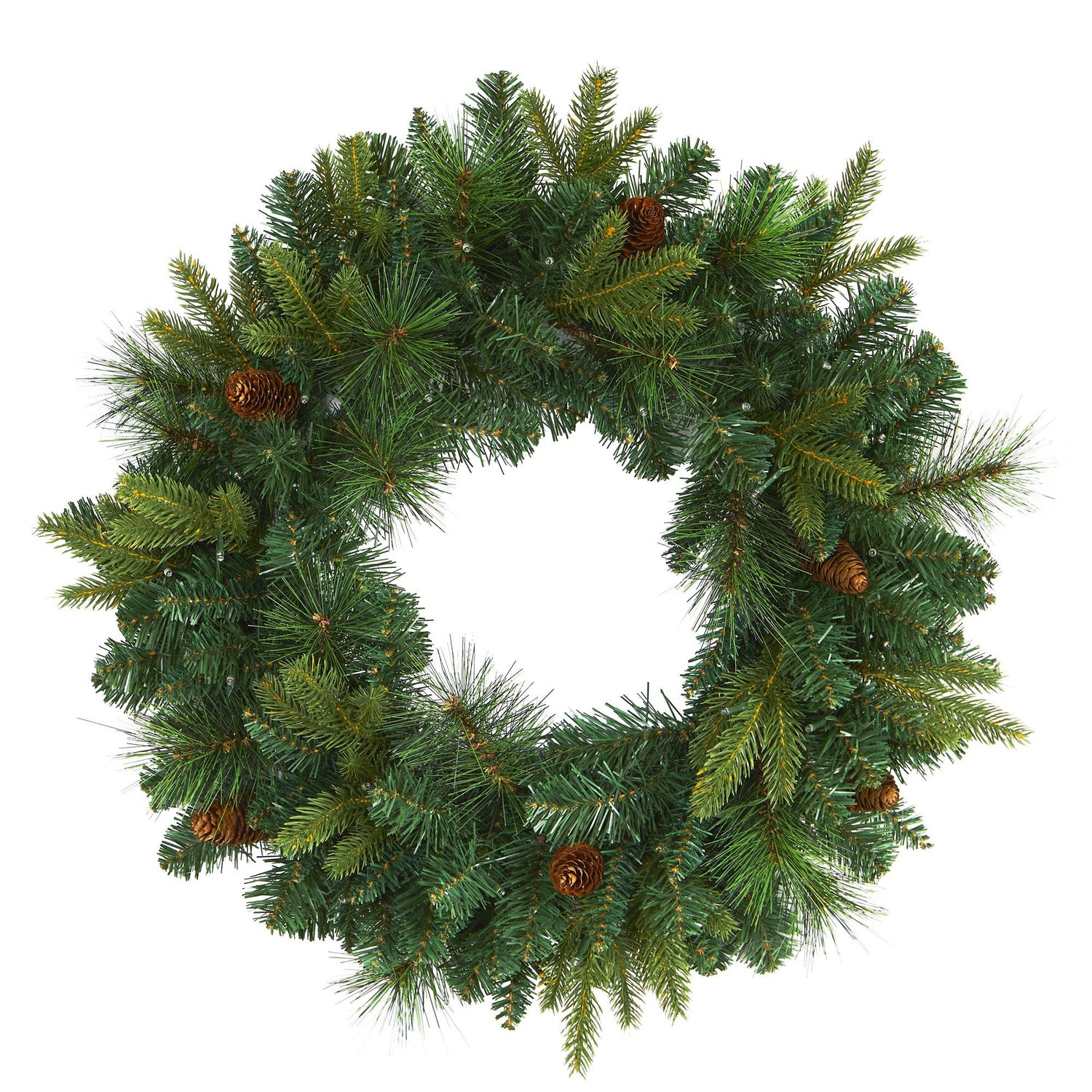 24” Mixed Pine Artificial Christmas Wreath with 35 Clear LED Lights and Pinecones