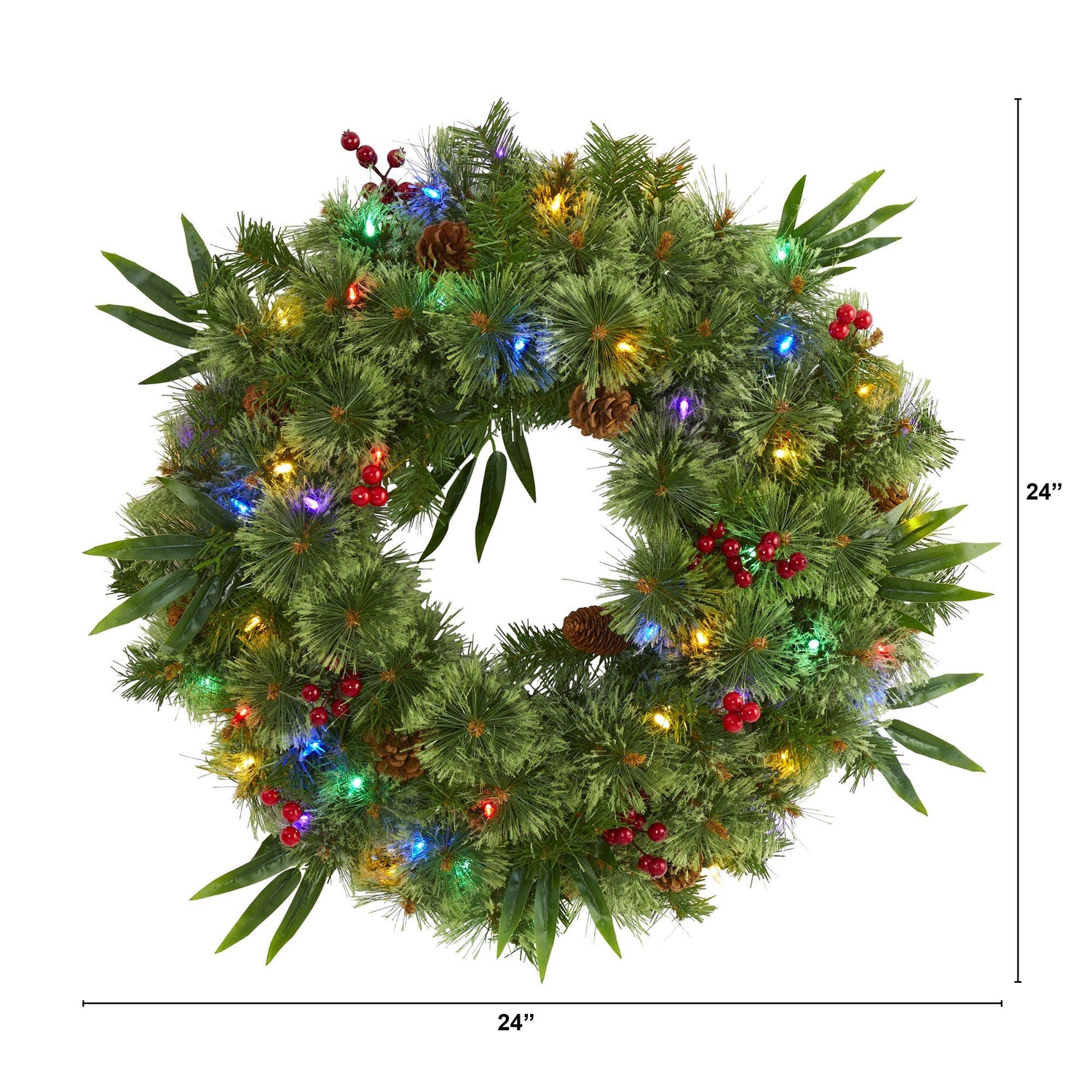 24” Mixed Pine Artificial Christmas Wreath with 50 Multicolored LED Lights, Berries and Pine Cones