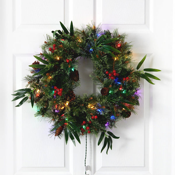 24” Mixed Pine Artificial Christmas Wreath with 50 Multicolored LED Lights, Berries and Pine Cones