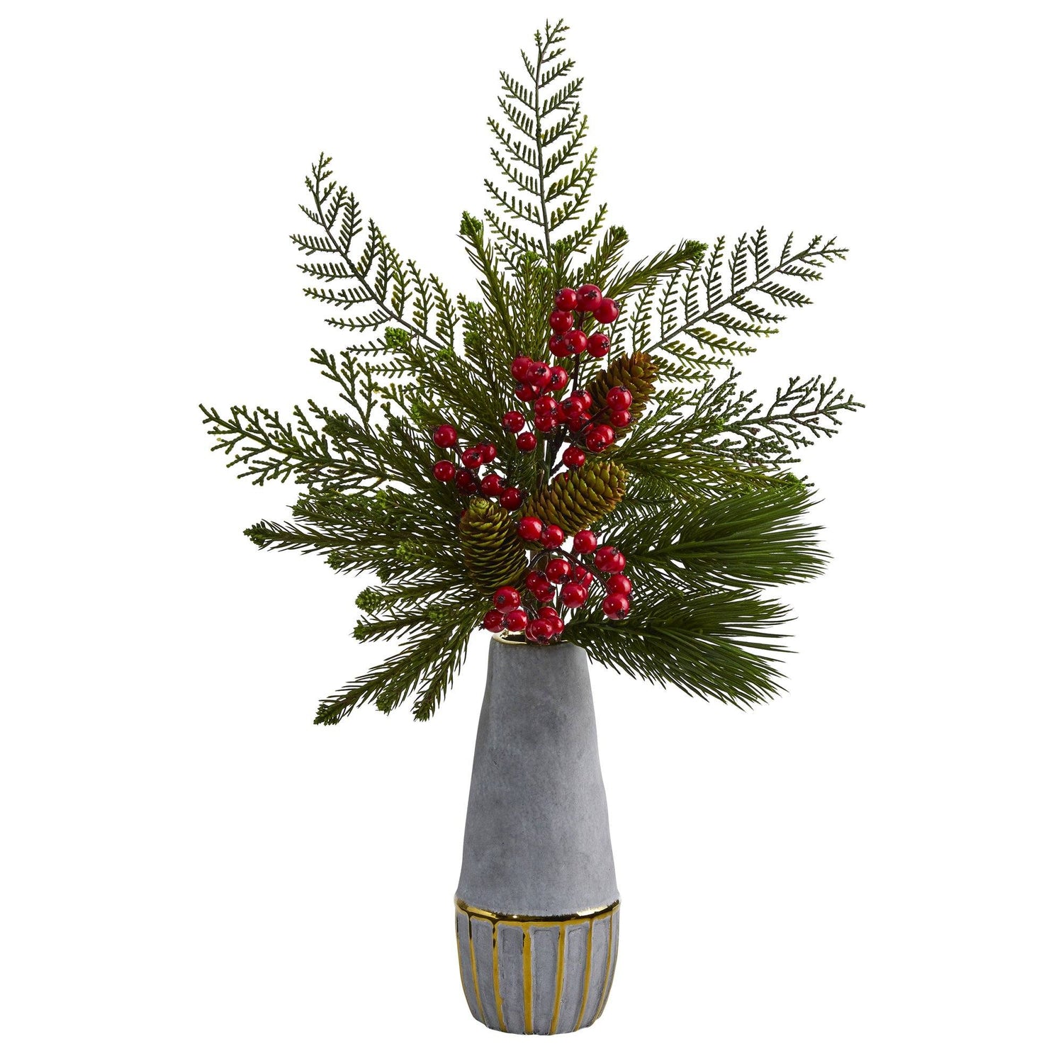24” Mixed Pine, Pinecone and Berry Artificial Arrangement in Stoneware Vase with Gold Trimming